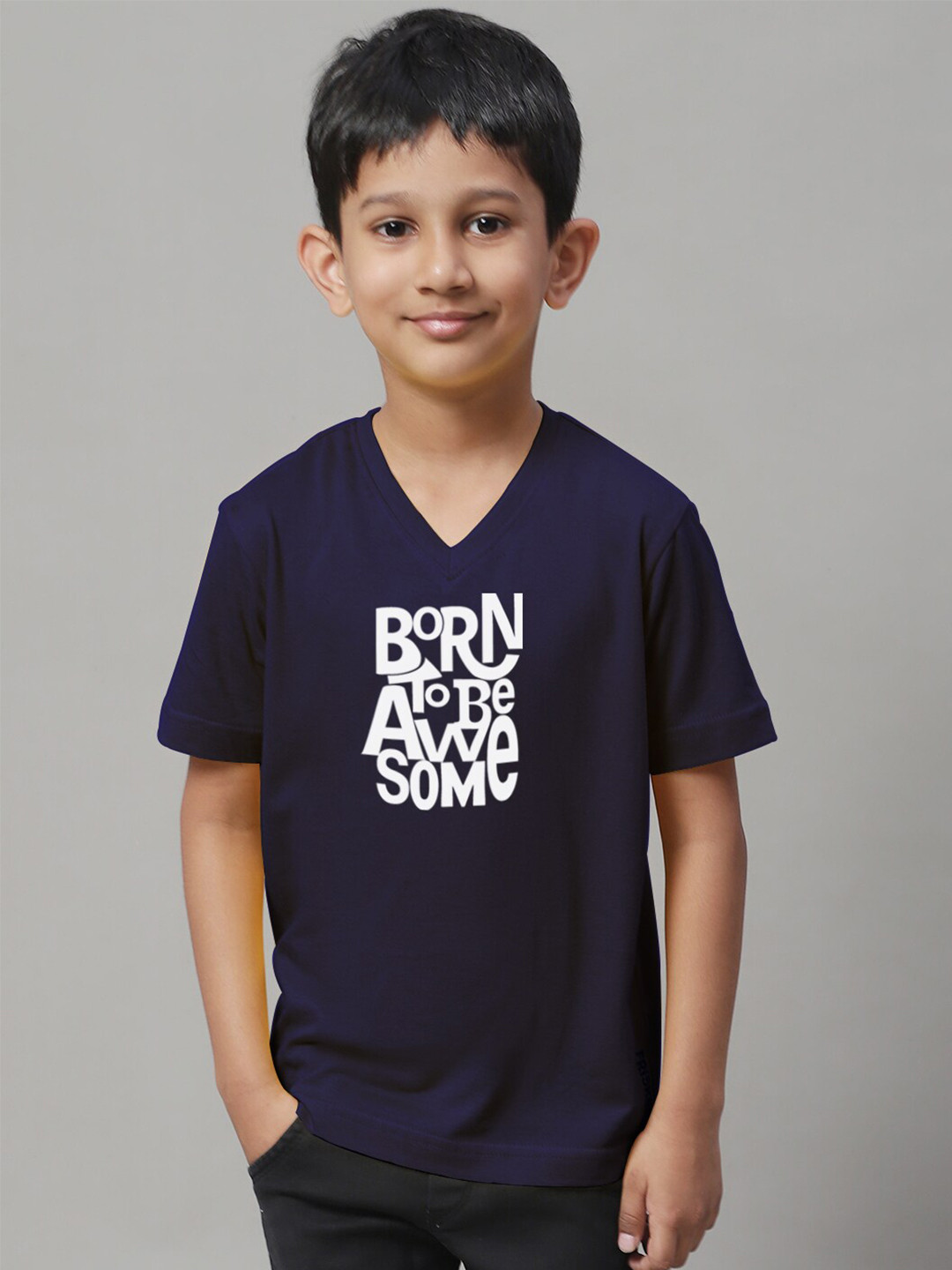 

Friskers Boys Typography Printed V-Neck Cotton T-Shirts, Navy blue