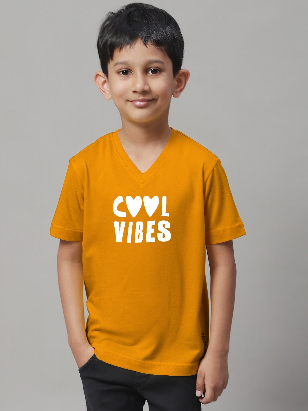 

Friskers Boys Typography Printed V-Neck Cotton T-Shirts, Mustard