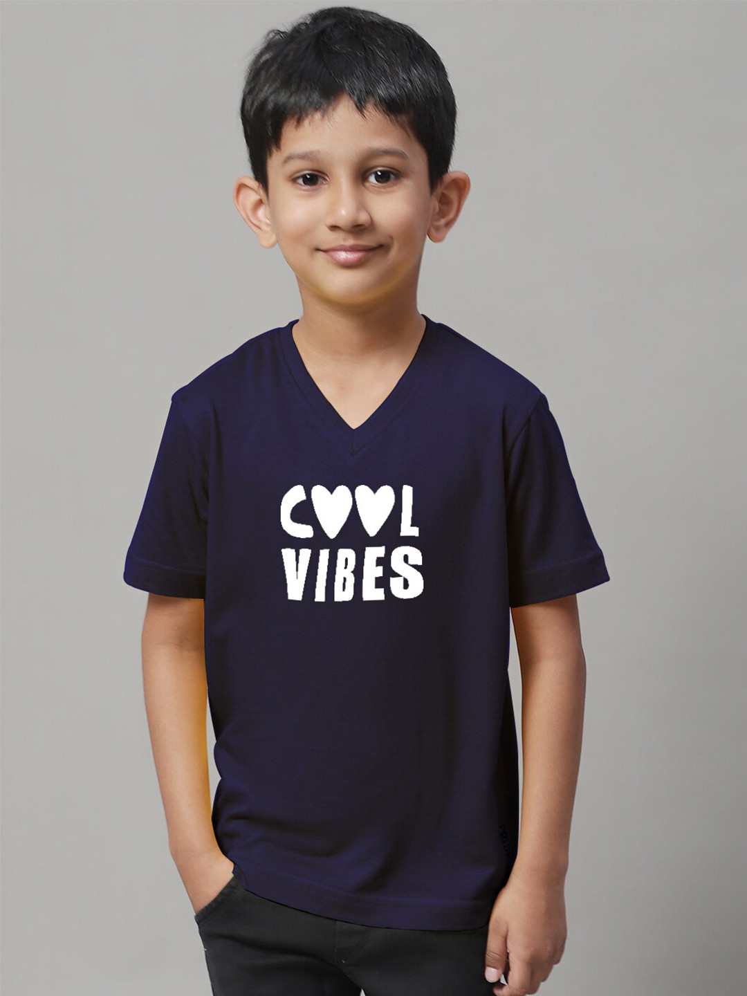

Friskers Boys Typography Printed V-Neck Cotton T-Shirts, Navy blue