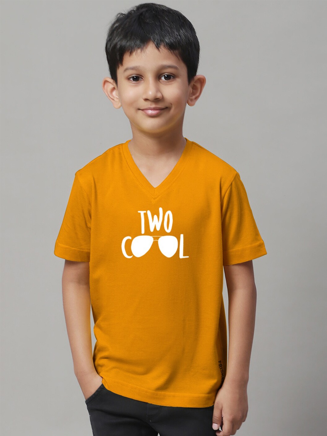 

Friskers Boys Typography Printed V-Neck Cotton T-Shirts, Mustard