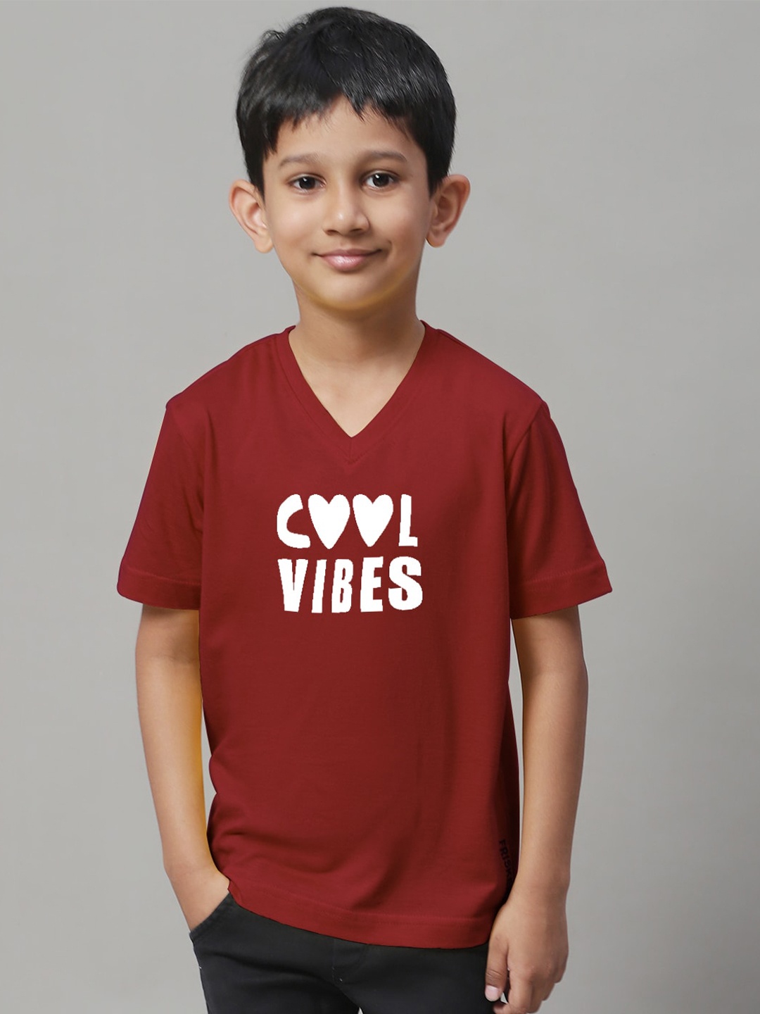 

Friskers Boys Typography Printed V-Neck Bio Wash T-shirt, Maroon