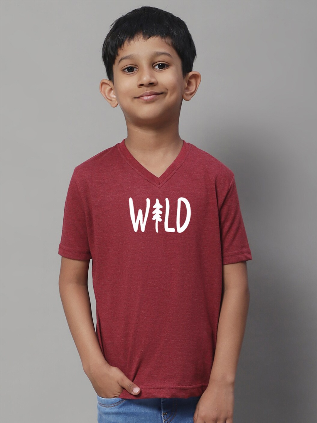 Friskers Boys Typography Printed V-Neck Cotton T-Shirts, Maroon