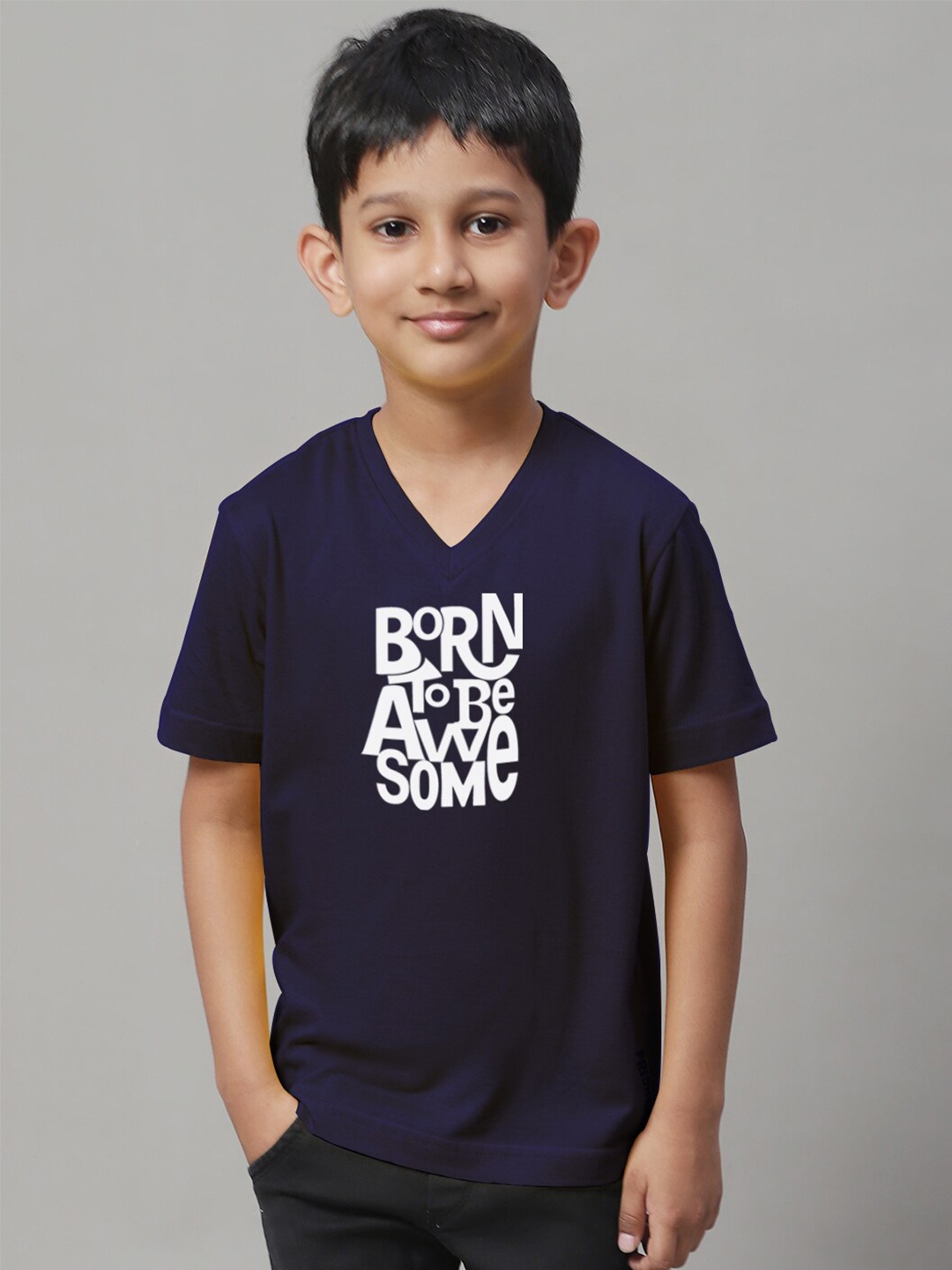 

Friskers Boys Typography Printed V-Neck Cotton Bio Wash Regular T-shirt, Navy blue