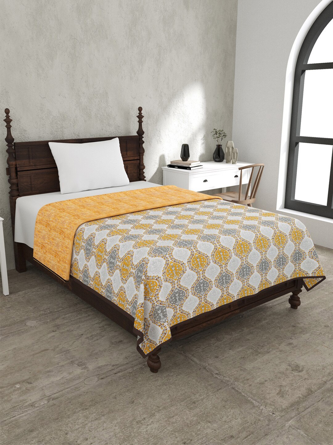 

JAIPUR FABRIC Wavy Ethnic Grey & Yellow Mild Winter 120 GSM Cotton Single Bed Blanket