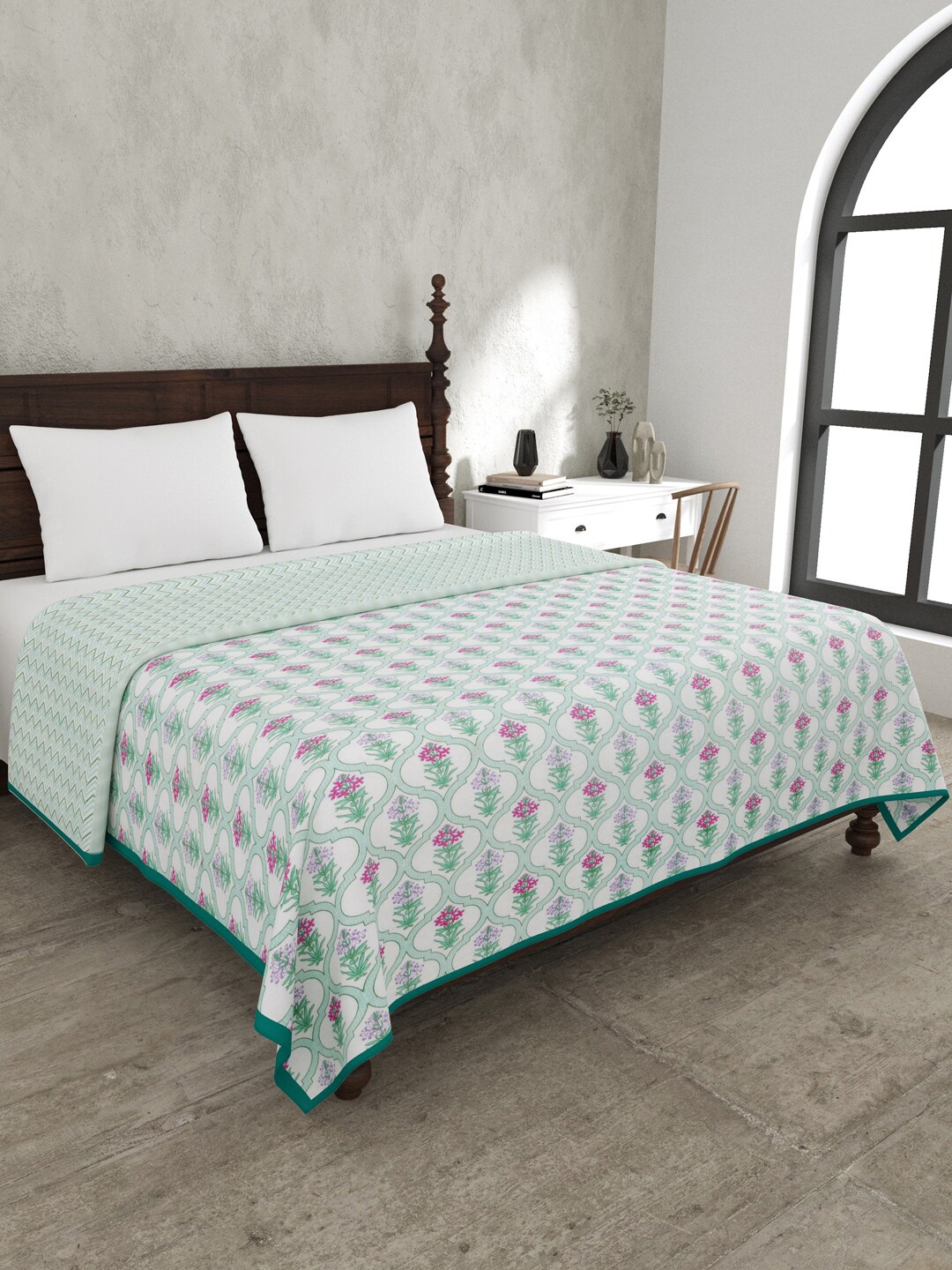 

JAIPUR FABRIC Jaal Darbar White & Green Floral Mild Winter 120 GSM Cotton Double Bed Dohar