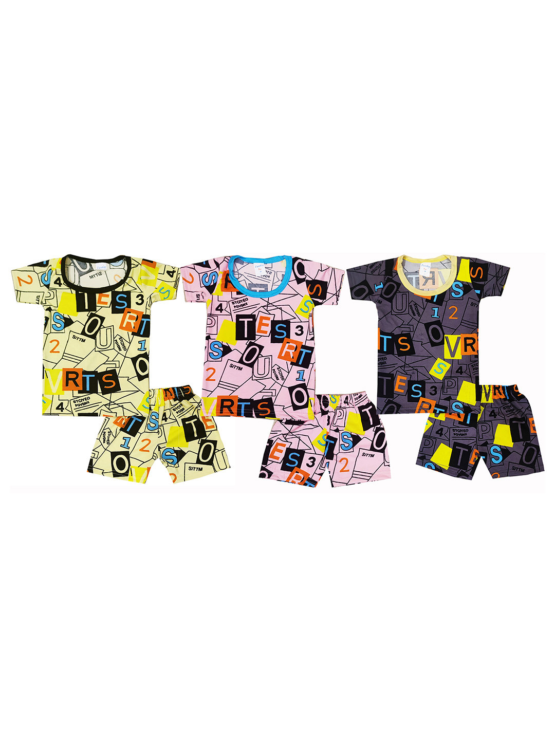

KIFAYATI BAZAR Infant Kids Pack Of 3 Printed Pure Cotton T-shirt With Shorts, Yellow