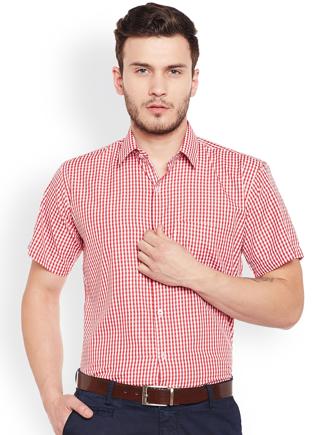 

Hancock Men Red & White Slim Fit Checked Formal Shirt