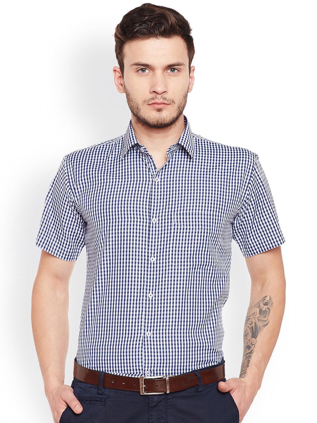 

Hancock Men Navy & White Slim Fit Checked Formal Shirt, Navy blue