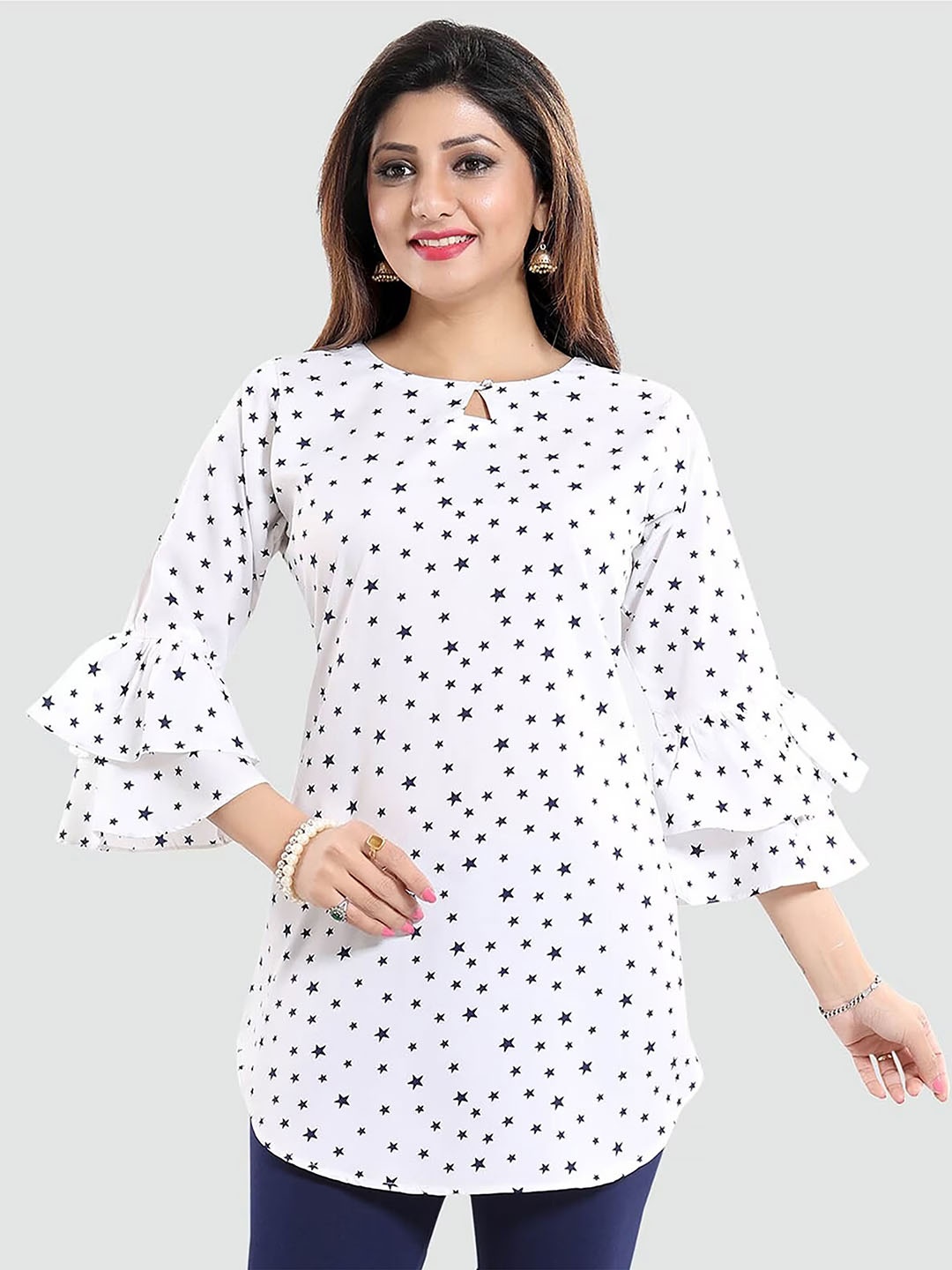 

keshubaba Conversational Printed Bell Sleeves Gathered Tunic, White