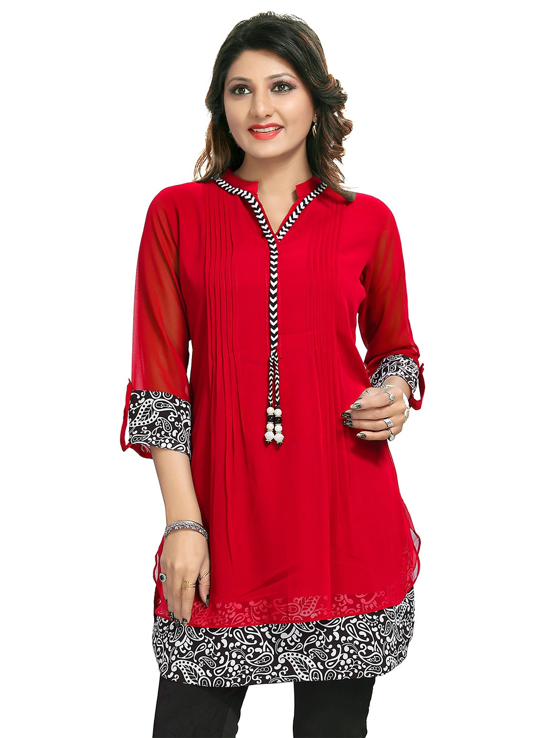 

keshubaba Mandarin Collar Printed Detail Kurti, Red