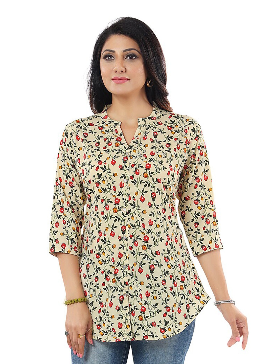 

keshubaba Floral Printed Mandarin Collar Tunic, Beige