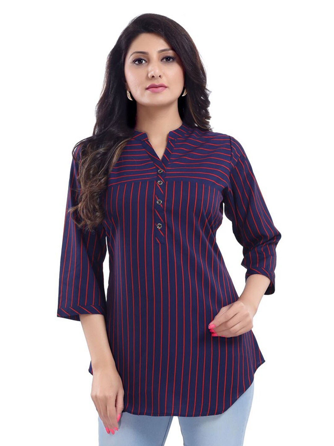 

keshubaba Striped Mandarin Collar Tunic, Navy blue