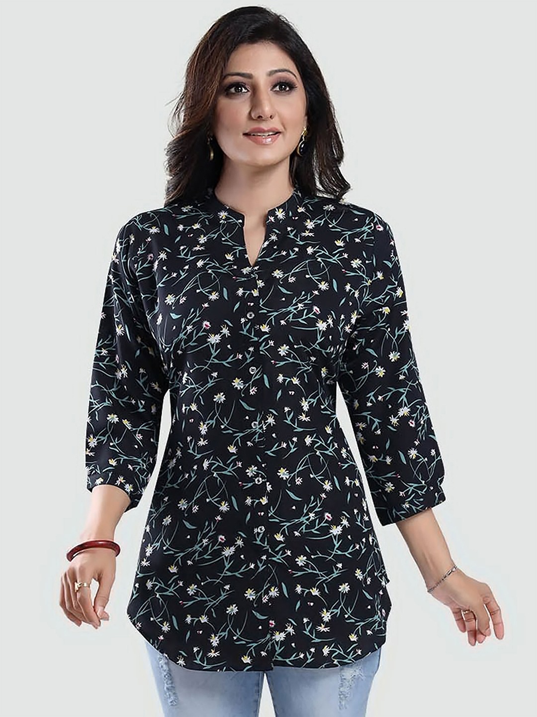 

keshubaba Floral Printed Mandarin Collar Tunic, Black