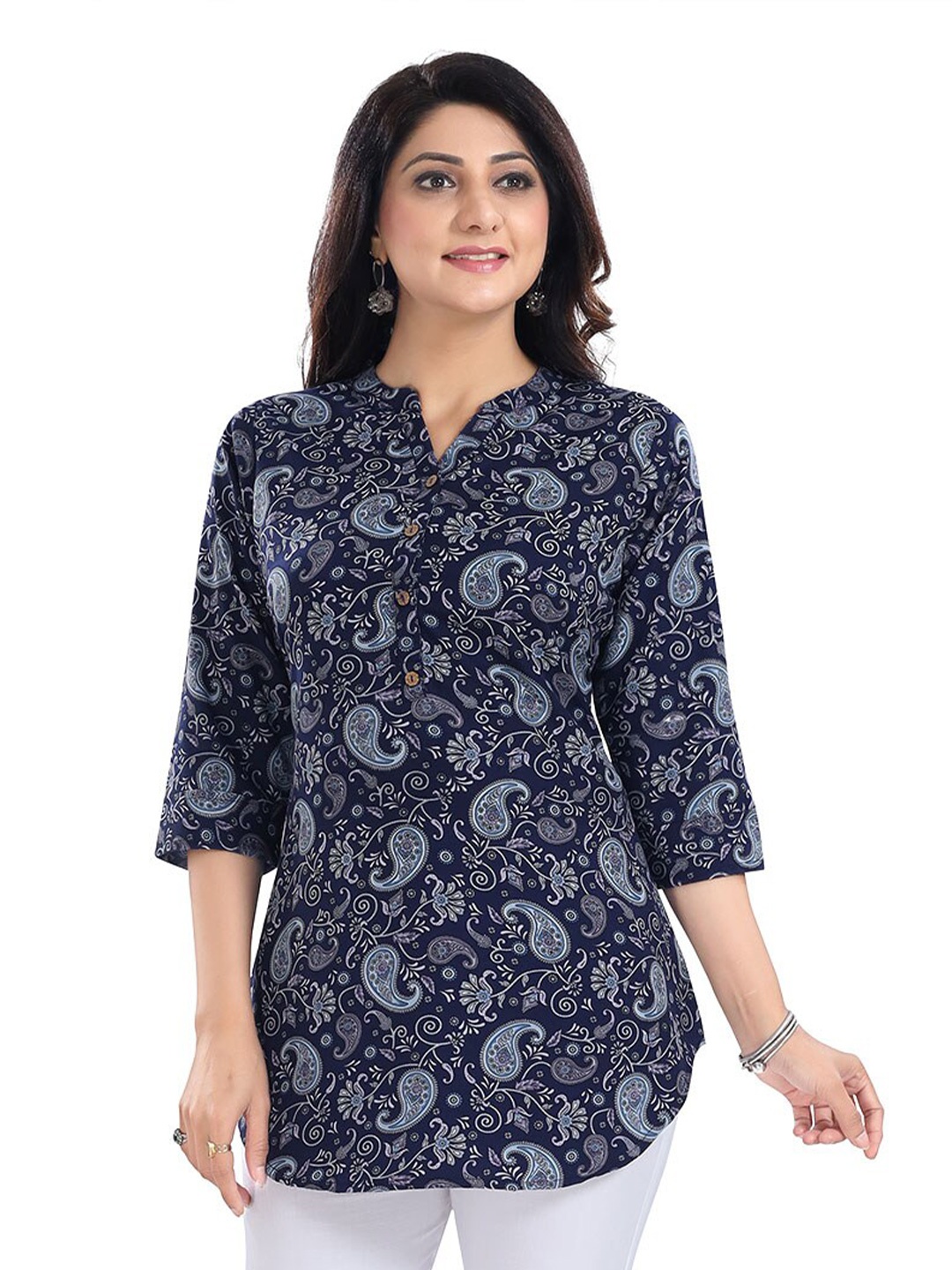 

keshubaba Ethnic Motifs Printed Straight Kurti, Navy blue