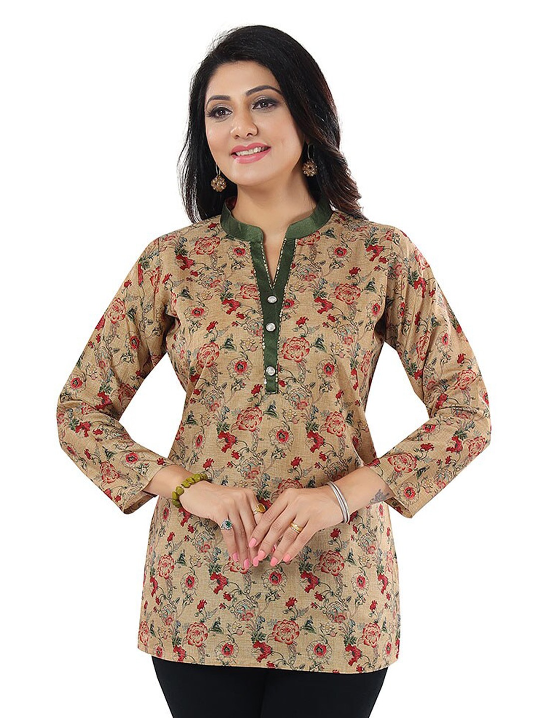 

keshubaba Floral Printed Mandarin Collar Tunic, Brown