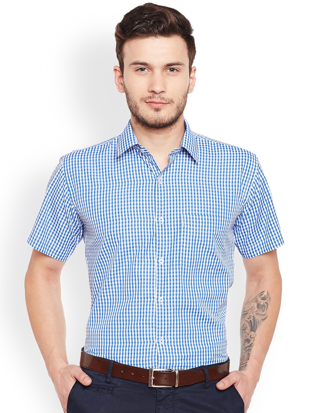 

Hancock Men Blue & White Slim Fit Checked Formal Shirt