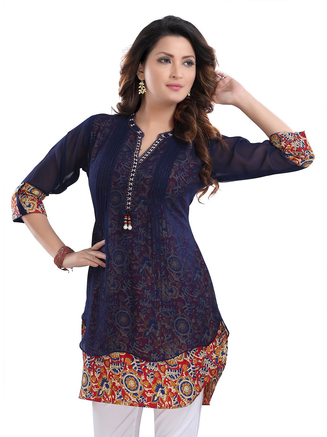 

keshubaba Mandarin Collar Printed Detail Kurti, Navy blue