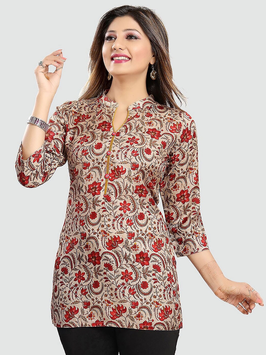 

keshubaba Floral Printed Pure Cotton Straight Kurti, Beige