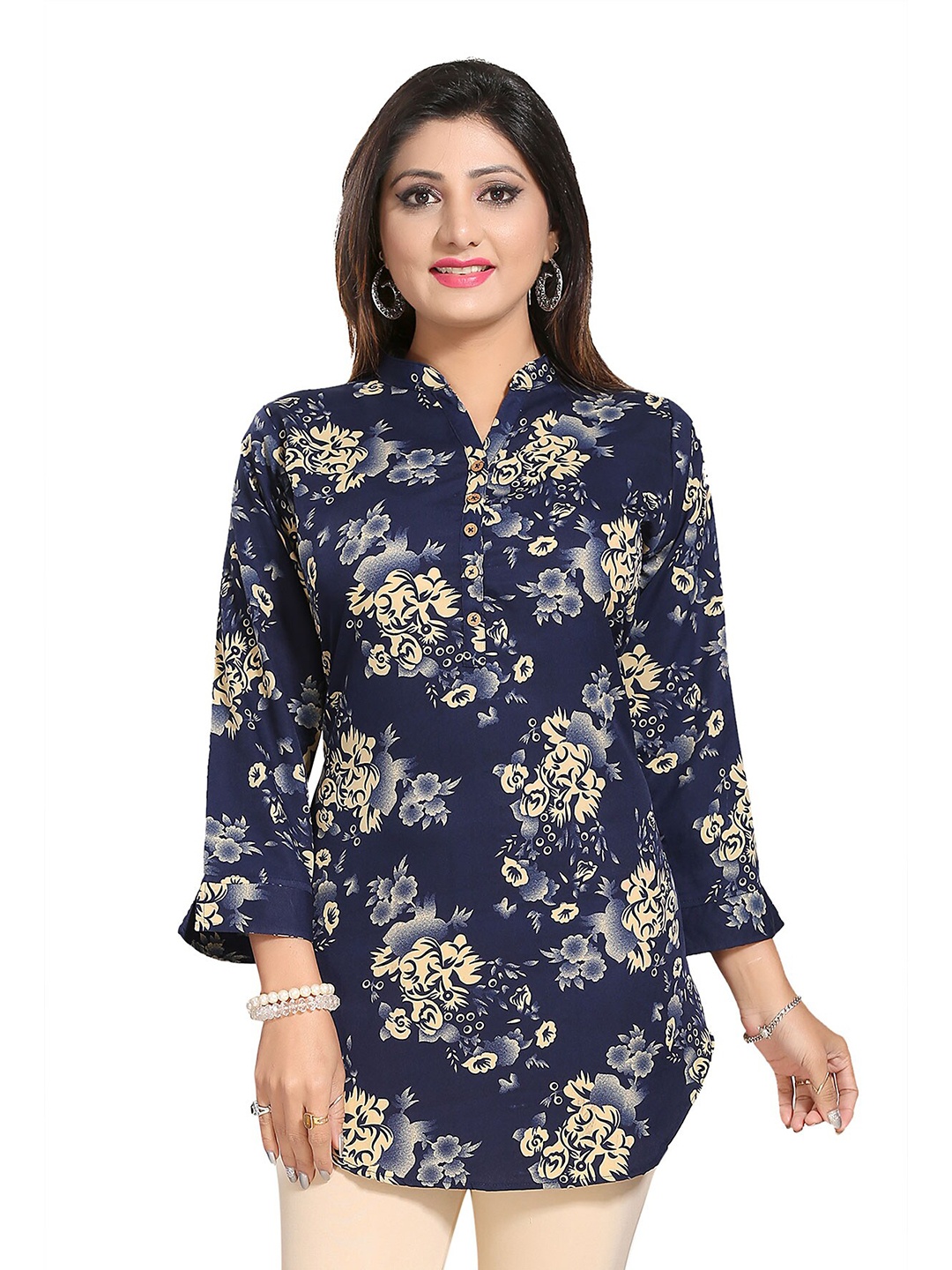 

keshubaba Floral Printed Mandarin Collar Tunic, Navy blue