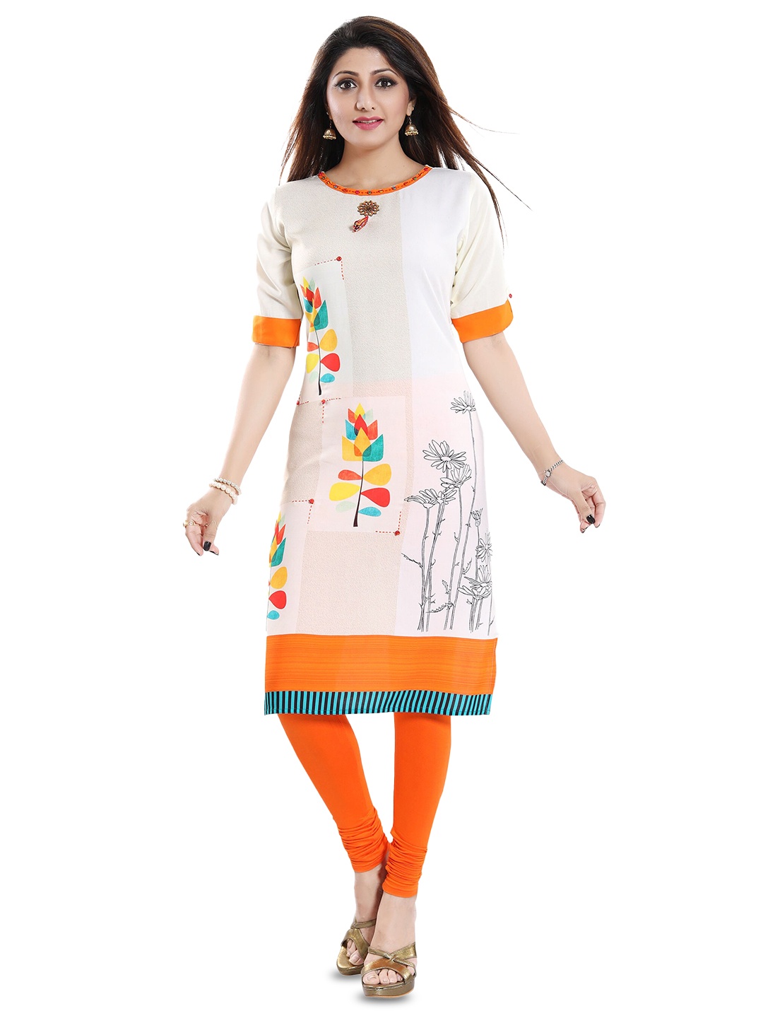 

keshubaba Roll-Up Sleeves Floral Printed Straight Kurta, Off white