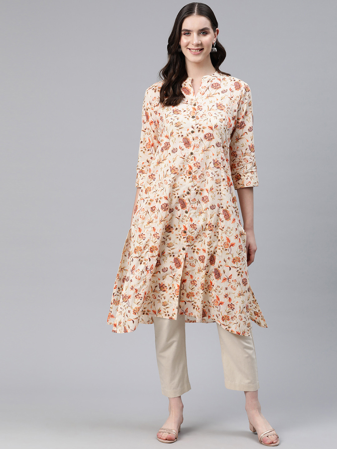 

Readiprint Fashions Floral Printed Mandarin Collar Pure Cotton Kurta, Cream