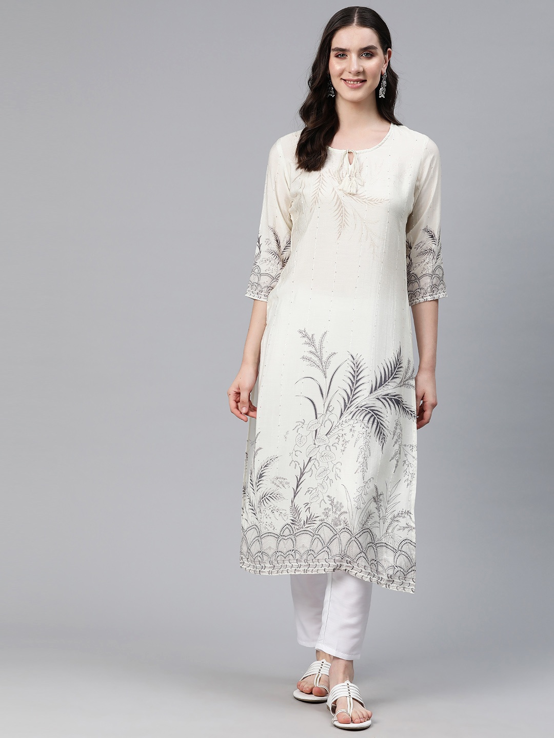 

Readiprint Fashions Floral Printed Tie-Up Neck Sequinned Kurta, Off white