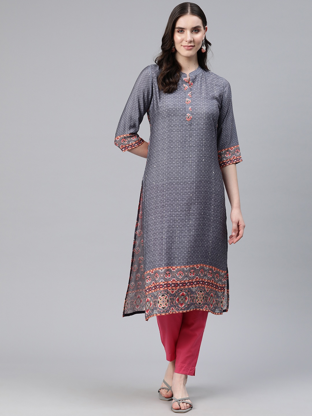 

Readiprint Fashions Floral Printed Mandarin Collar Sequinned Kurta, Grey