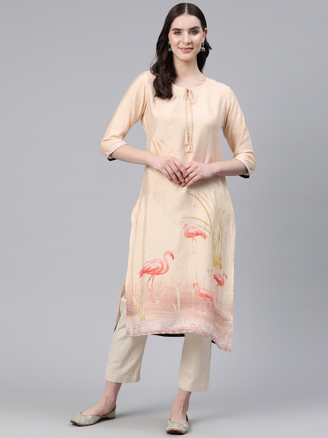

Readiprint Printed Tie-Up Neck Sequinned Kurta, Peach