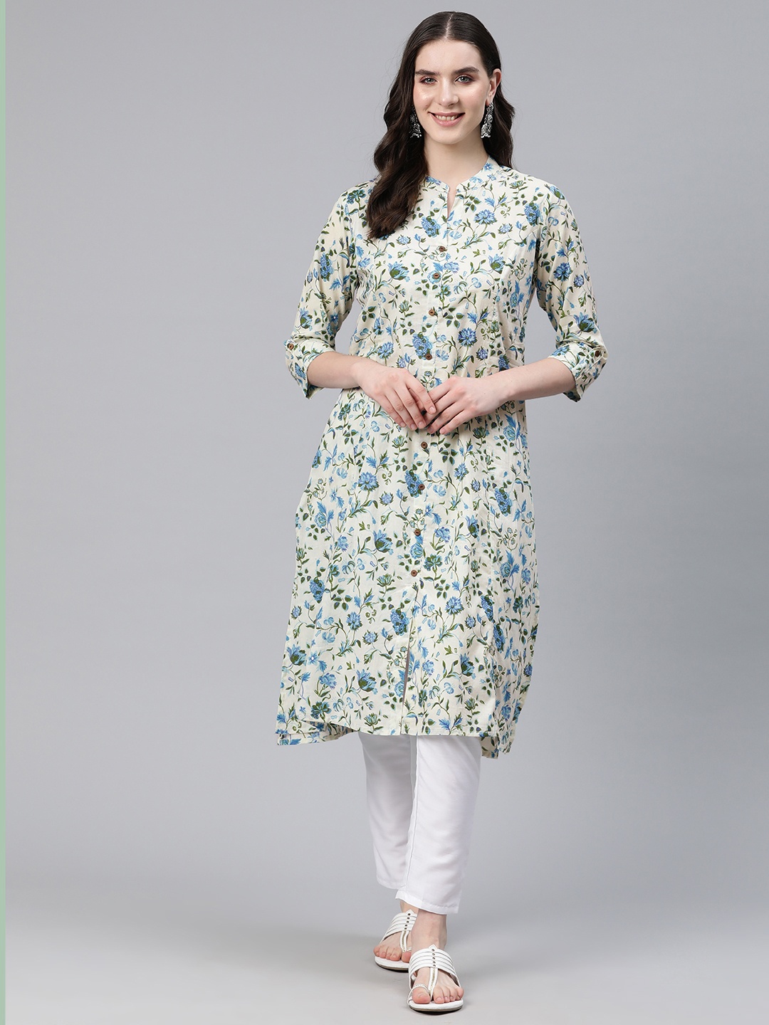 

Readiprint Fashions Floral Printed Mandarin Collar Pure Cotton Kurta, Blue