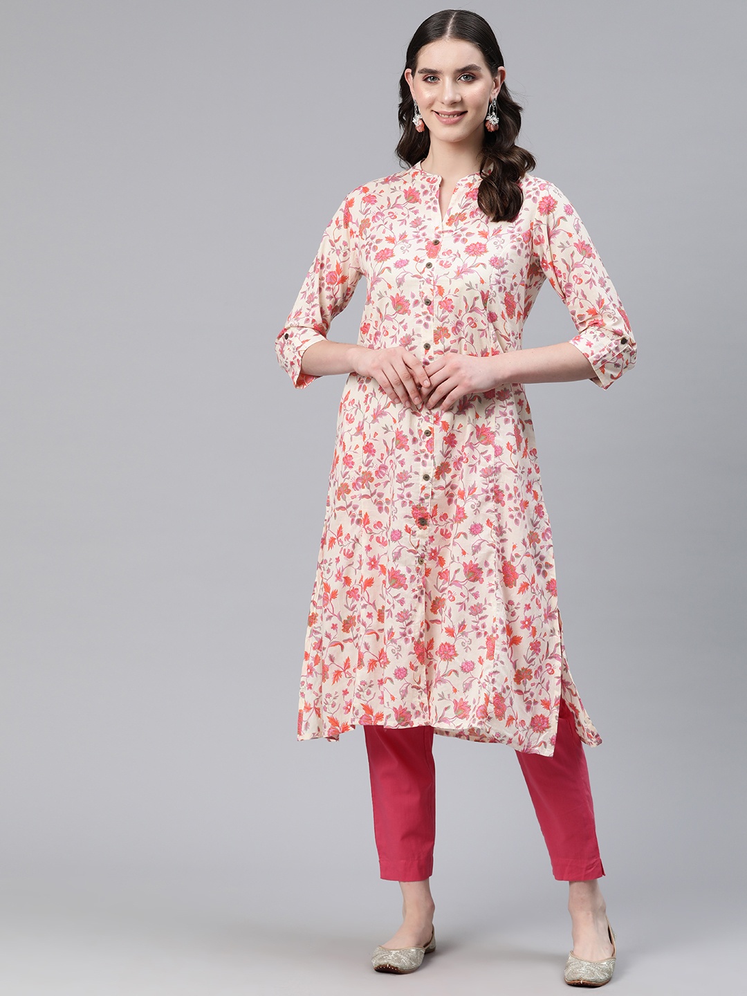 

Readiprint Floral Printed Mandarin Collar Pure Cotton Kurta, Pink