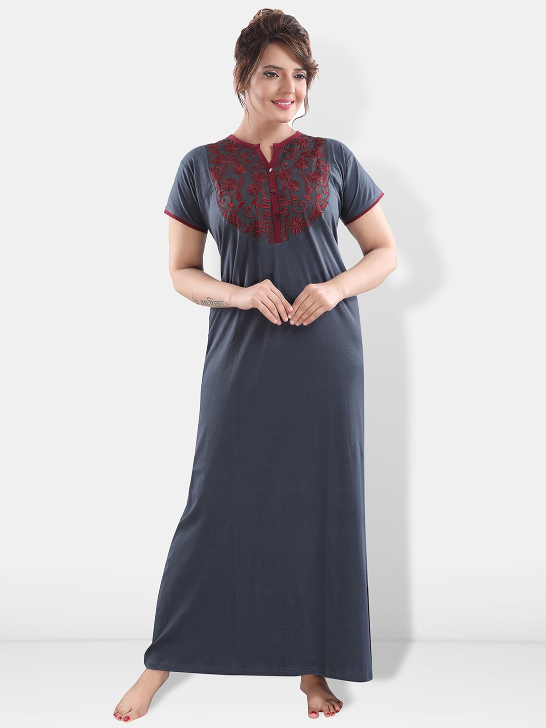 

Be You Floral Embroidered Maxi Nightdress, Grey