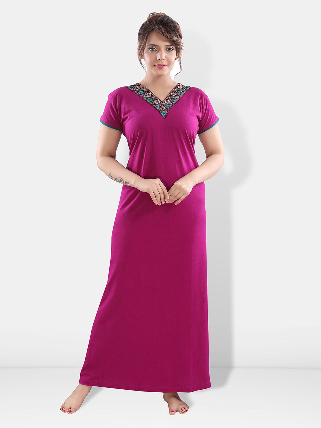 

Be You Floral Embroidered V-Neck Maxi Nightdress, Magenta