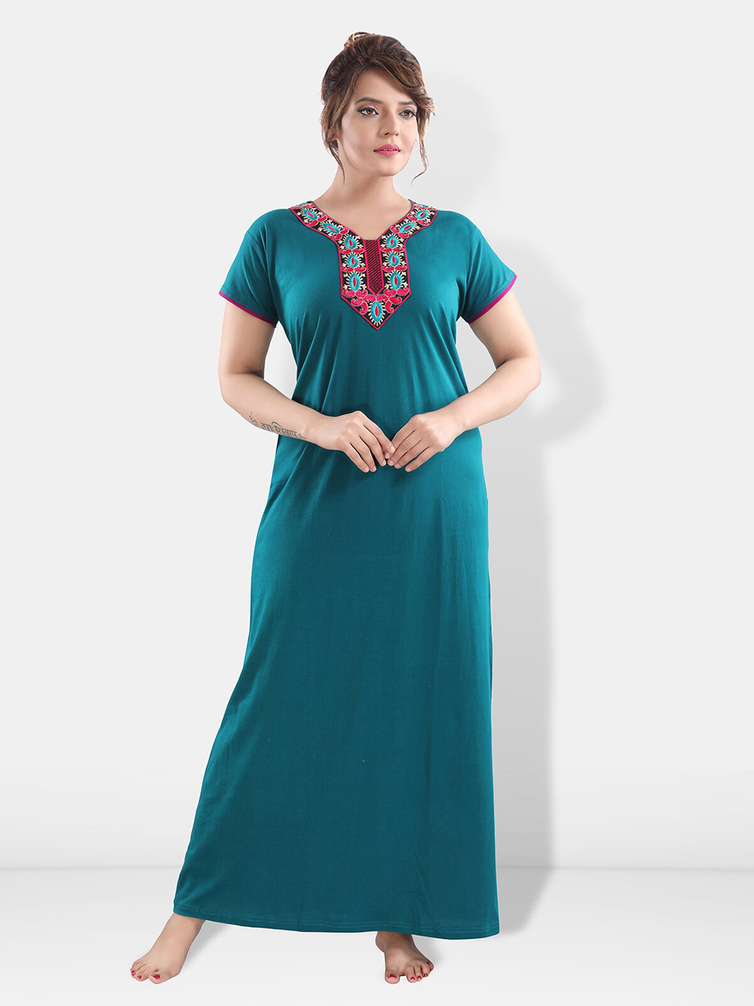 

Be You Floral Embroidered V-Neck Maxi Nightdress, Teal
