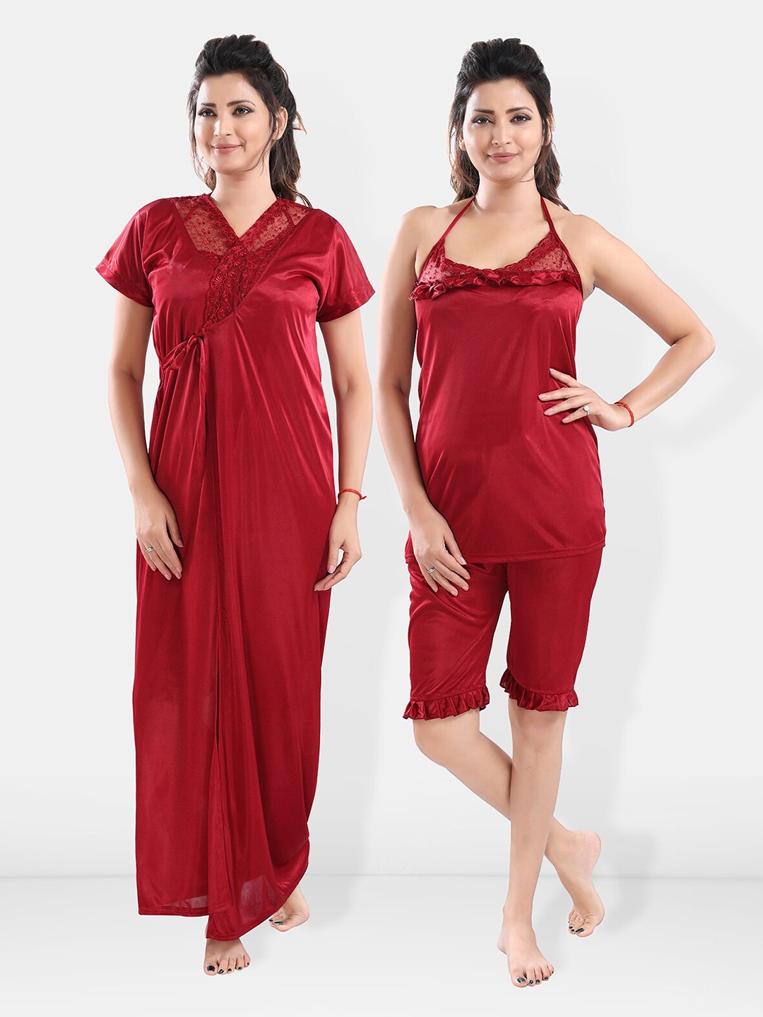 

Be You Satin Night Suit With Robe, Maroon
