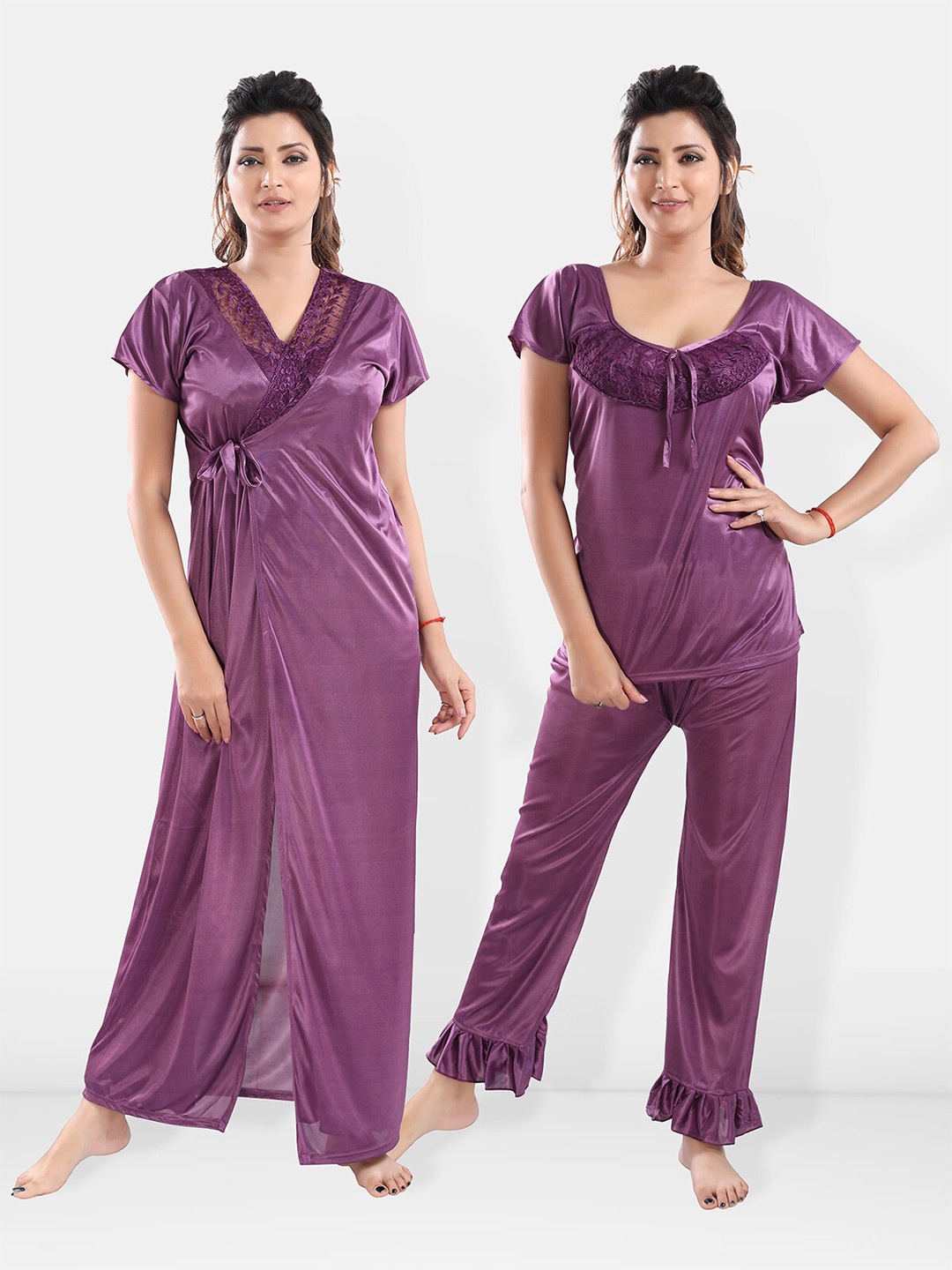 

Be You Satin Night Suit With Robe, Purple