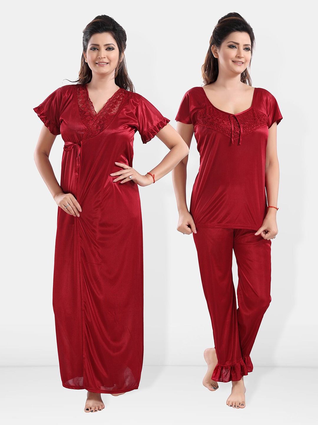 

Be You Pack Of 3 Satin Maxi Night suits, Maroon
