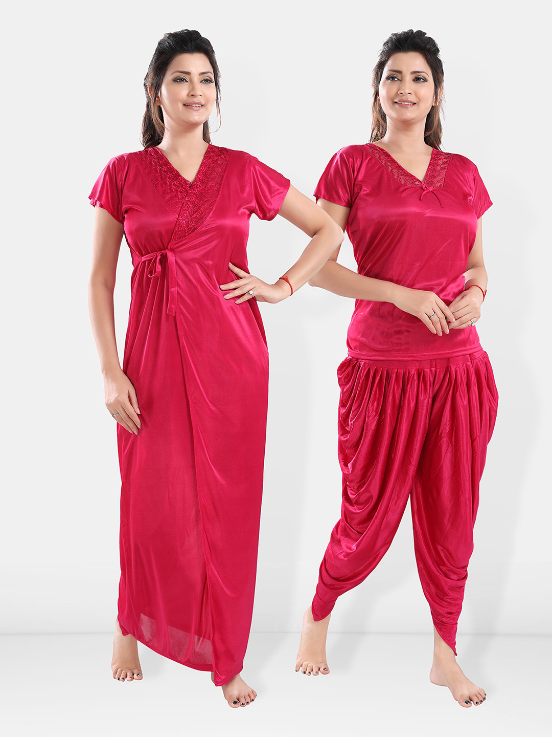 

Be You V-Neck Satin Night Suit With Robe, Pink
