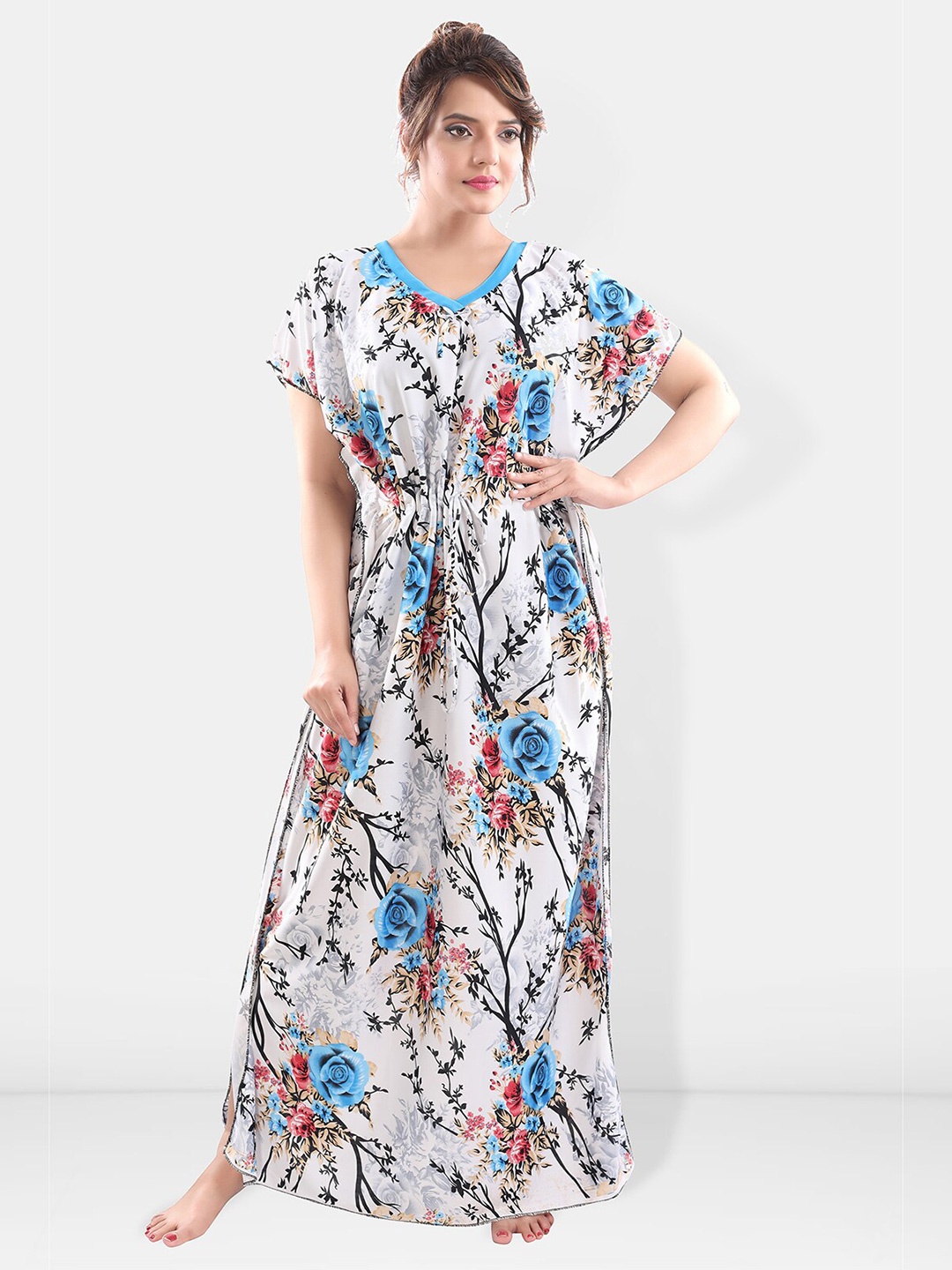 

Be You Floral Printed Maxi Satin Kaftan Nightdress, Blue