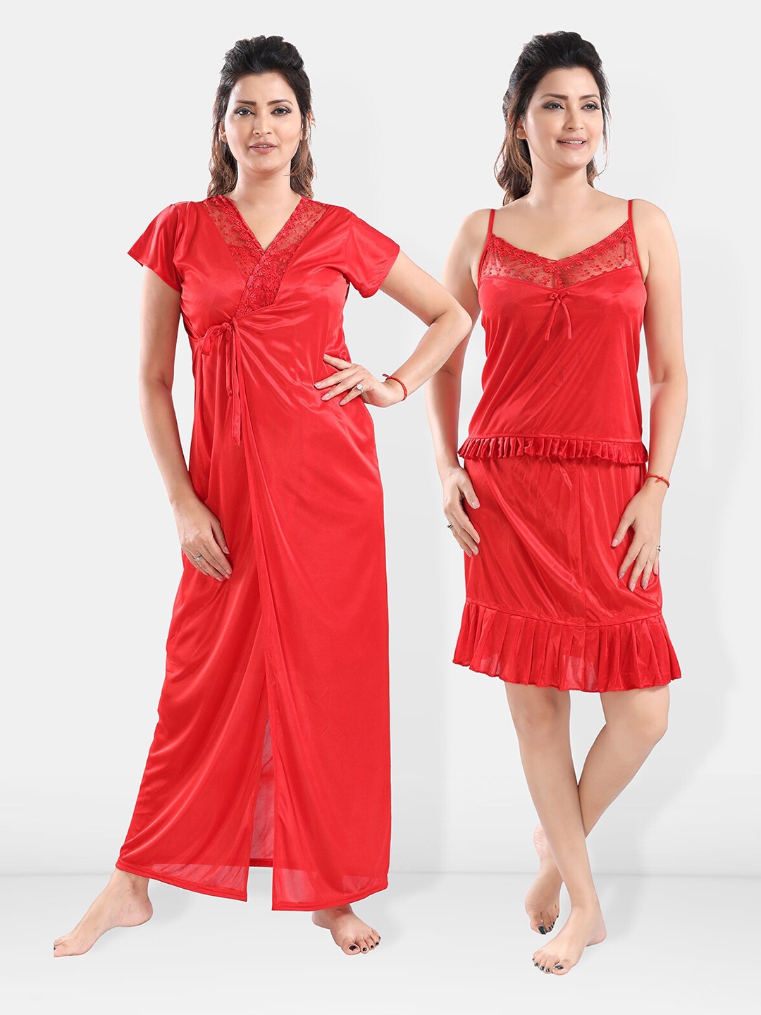 

Be You Shoulder Straps Satin Night Suit With Robe, Red