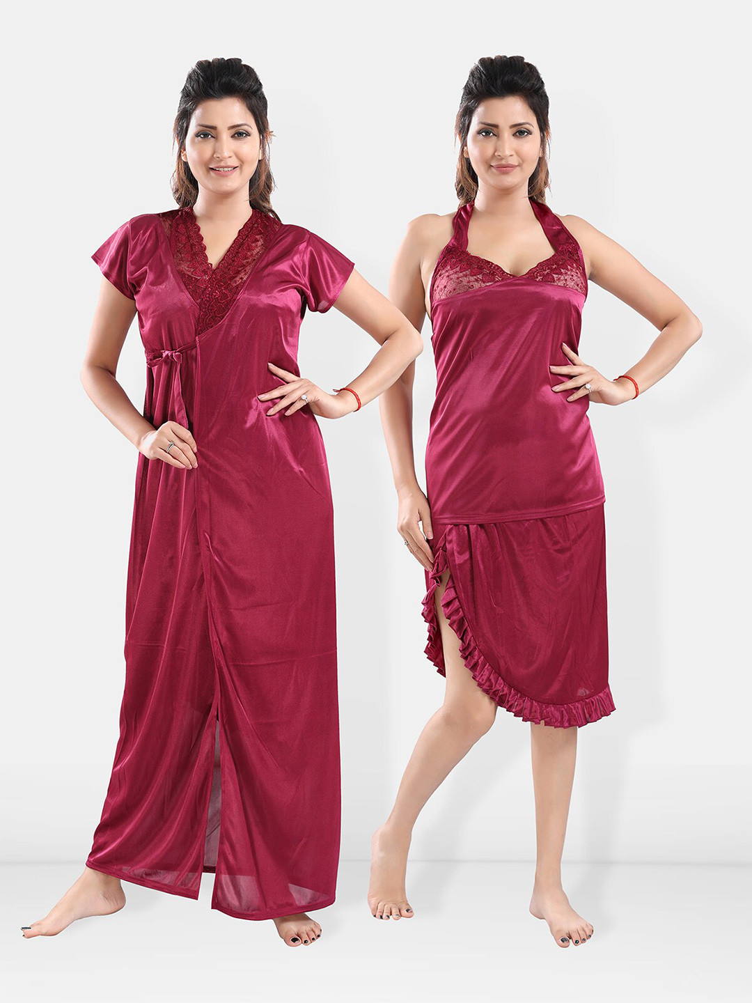 

Be You V-Neck Satin Lace Night Suit With Robe, Magenta
