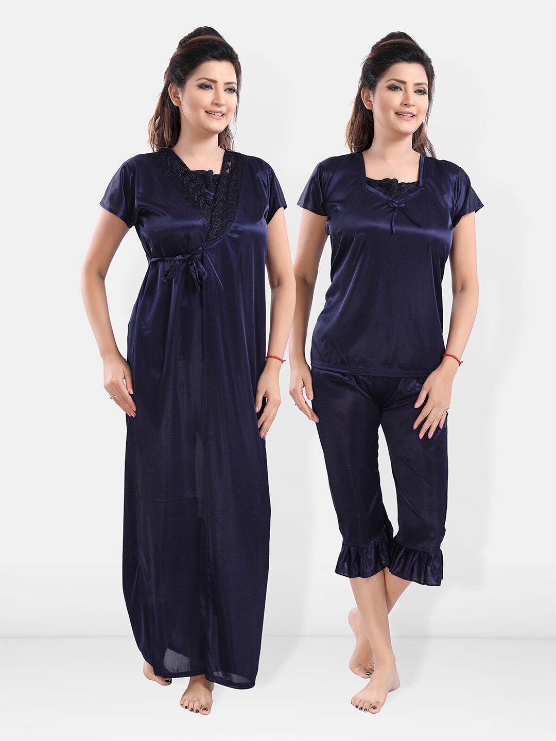 

Be You Square Neck Satin Night Suit With Robe, Navy blue