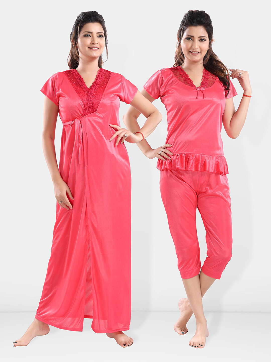 

Be You V-Neck Satin Night Suit With Robe, Pink