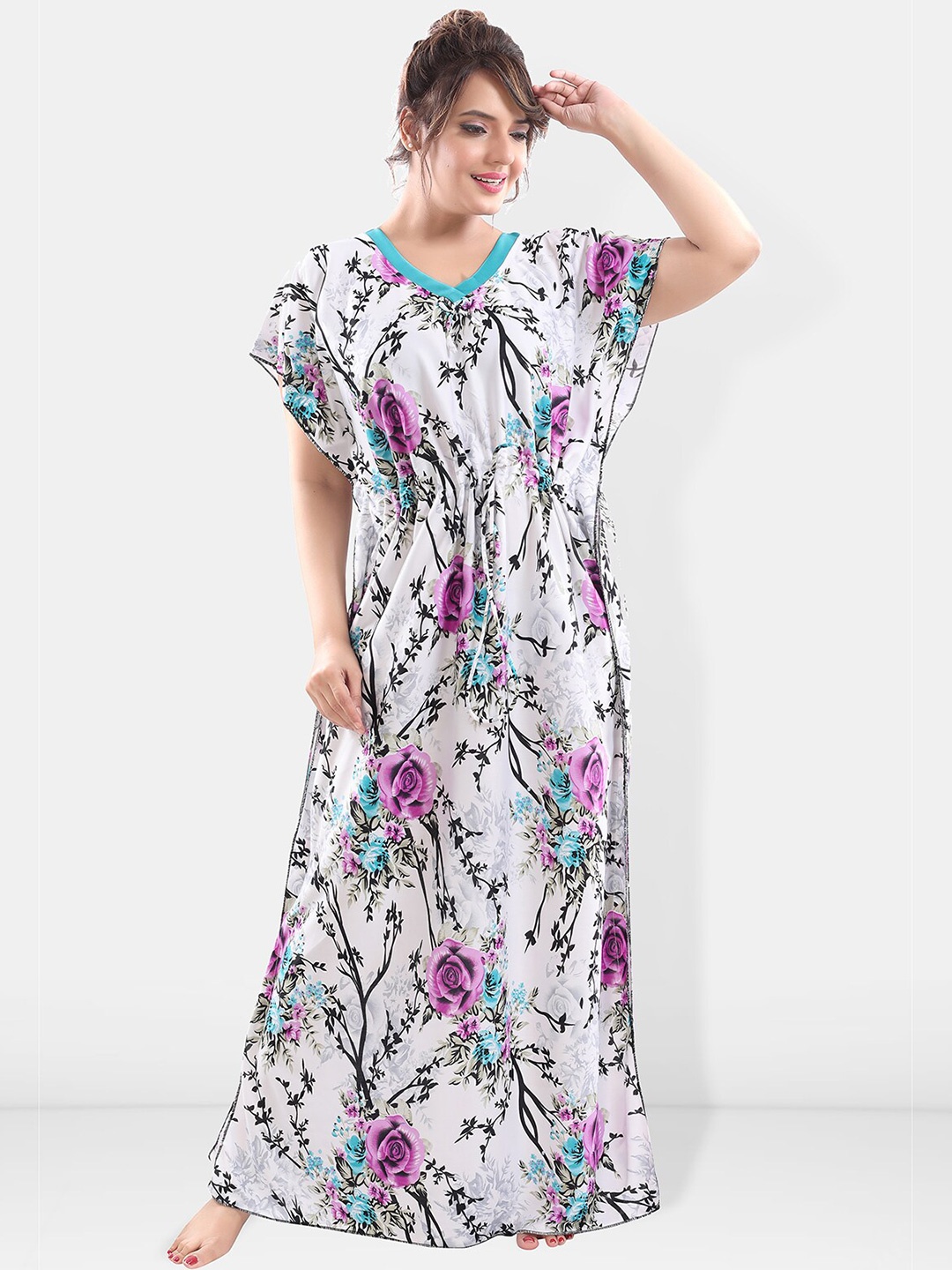 

Be You Floral Printed Satin Maxi Kaftan Nightdress, Purple