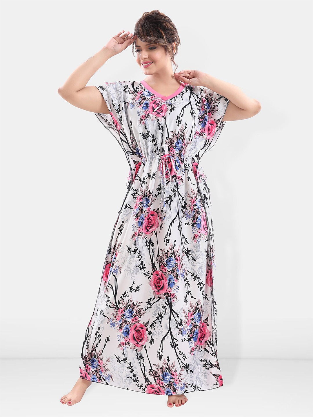 

Be You Printed Maxi Satin Kaftan Nightdress, White
