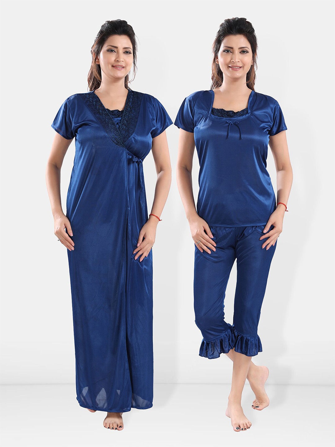 

Be You Square Neck Satin Night Suit With Robe, Blue