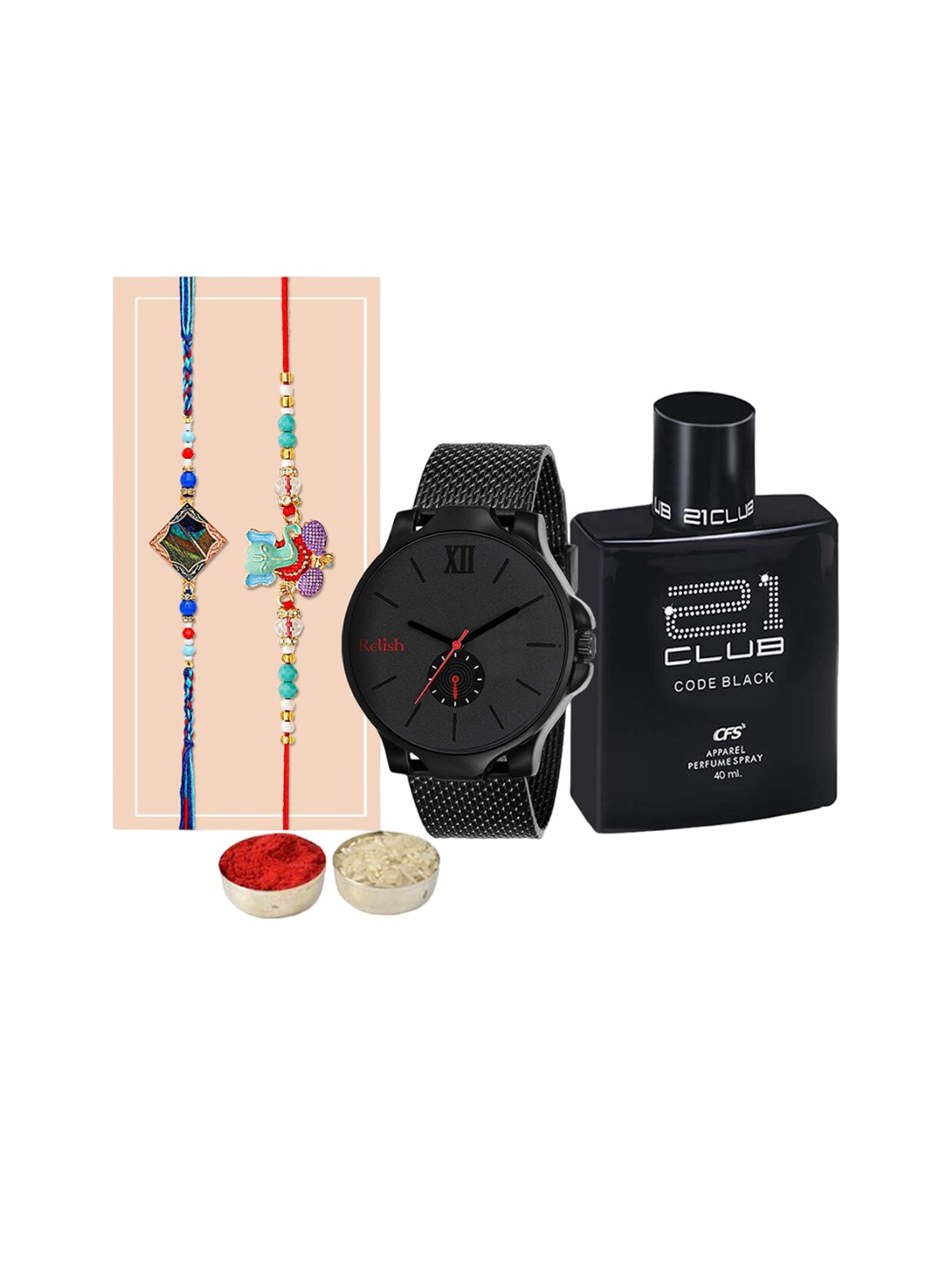 

Relish Set Of 2 Rakhi With 1 Watch, 1 perfume & Roli & Chawal, Navy blue