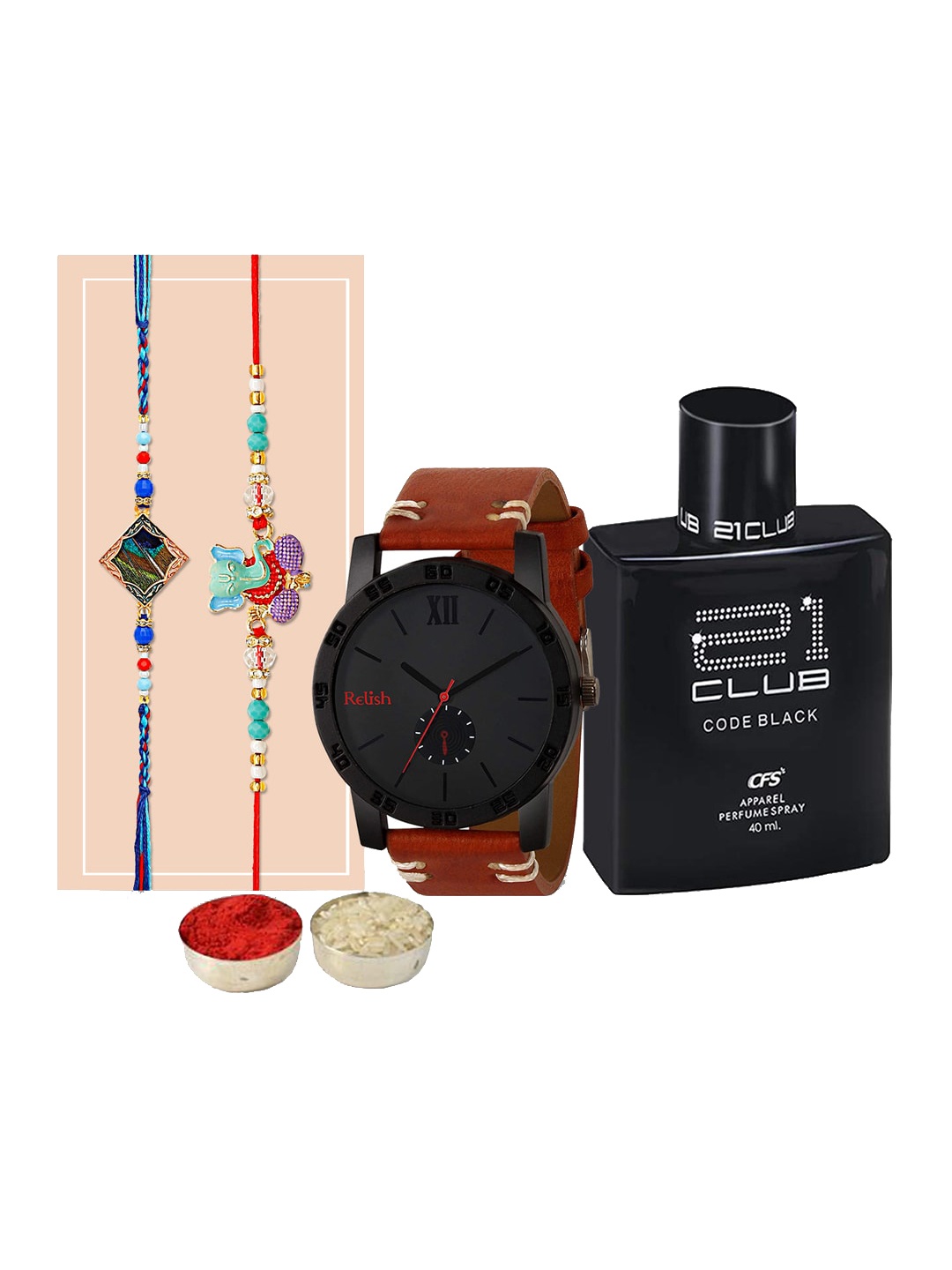 

Relish Set Of 2 Rakhi With 1 Watch, 1 perfume & Hamper Gift box, Brown
