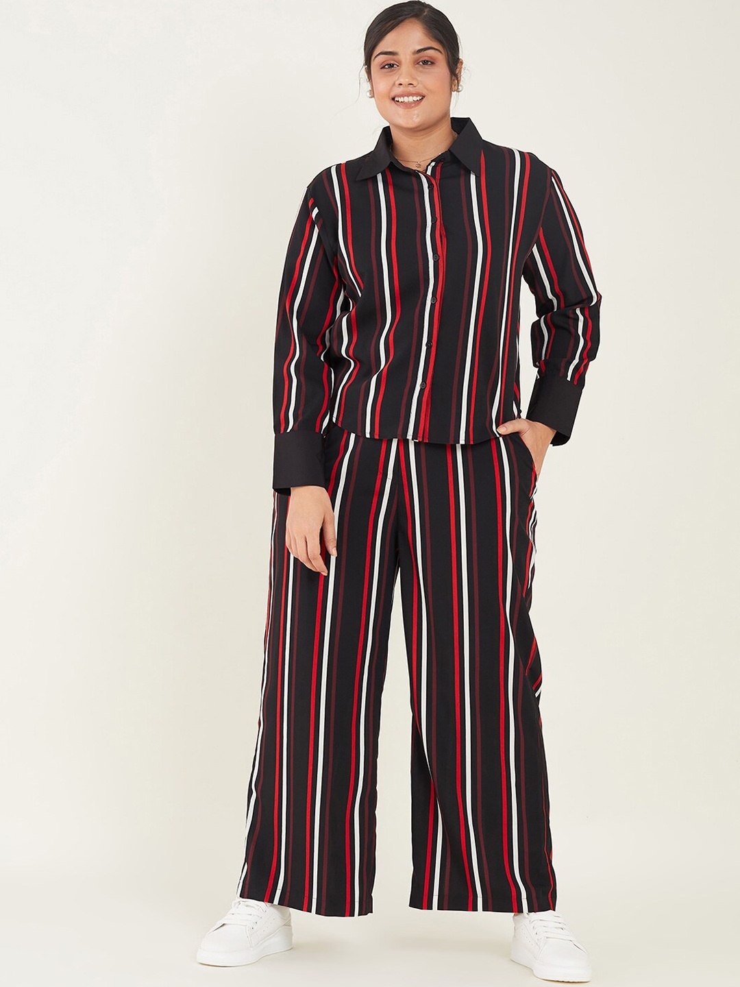 

CURVE BY KASSUALLY Striped Shirt & Palazzos, Black
