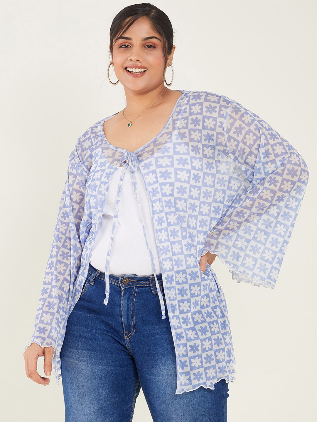 

CURVE BY KASSUALLY Floral Printed Tie-Up Shrug, Blue