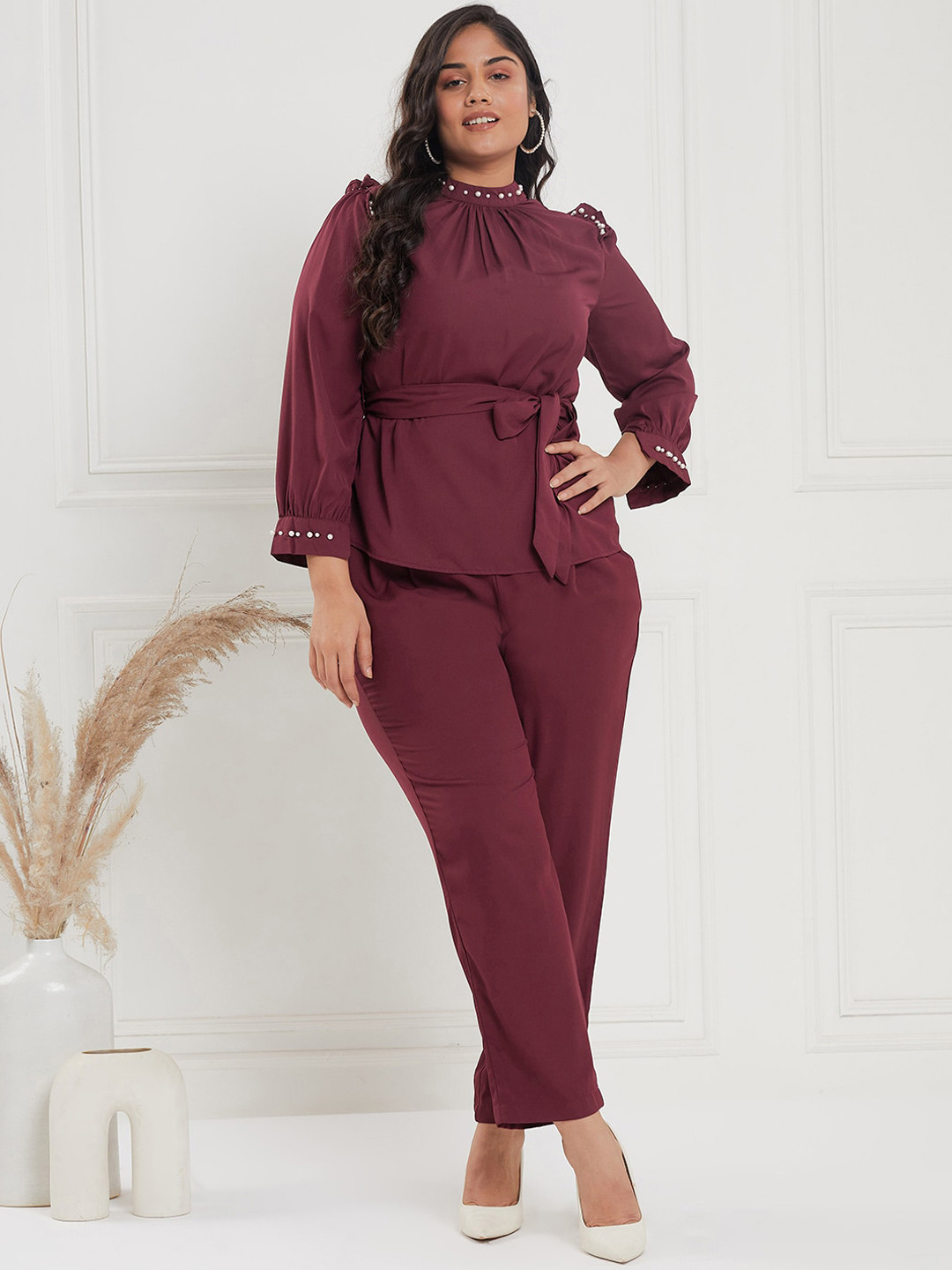 

CURVE BY KASSUALLY High Neck Ruffled Waist Tie-Up Full Sleeve Top & Trousers, Maroon